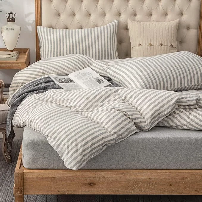Sustainable PURE ERA Jersey Knit Duvet Cover Set T-Shirt Heather Cotton Super Soft Comfy Classic Striped with Zipper Closure Grey amp White Stripe California King Exclusive