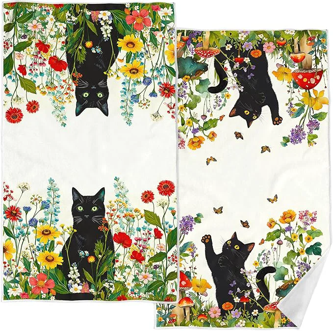 Official Accnicc 2 Pack Black Cat Bathroom Hand Towels Decorative Spring Floral Dish Premium Material