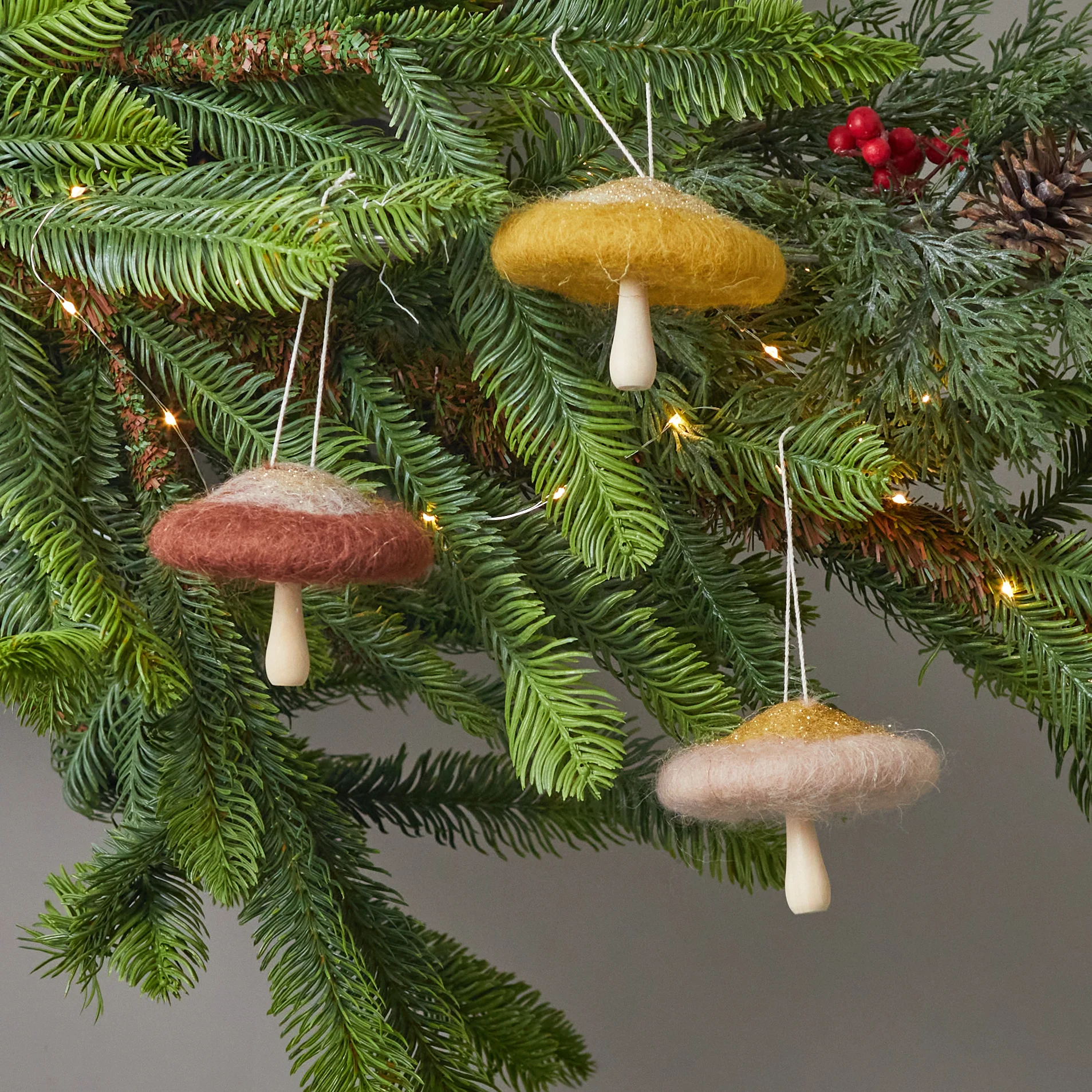 Organic Wool and Wood Mushroom Ornaments Set of 3 Luxury