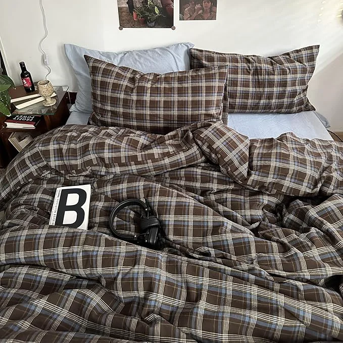 Official mixinni Vintage Blue amp Brown Buffalo Plaid Comforter Set California King Size - 3-Piece Washed Cotton Soft Geometric Checkered Pattern Bedding Set for All-Seasons Lightweight amp Breathable Selected