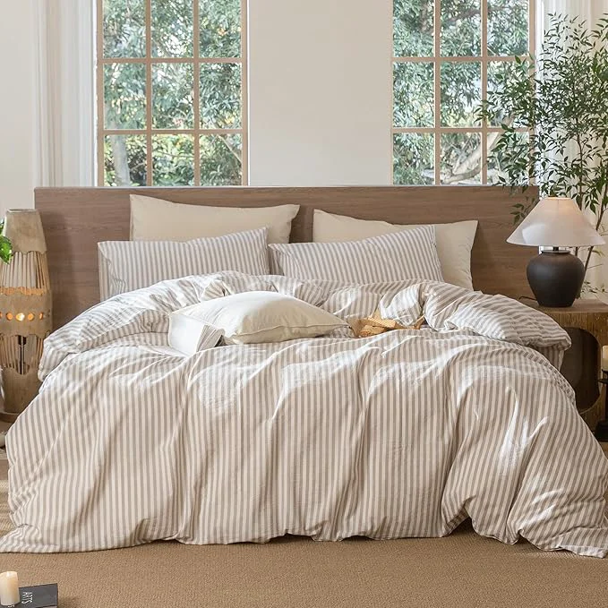 Expertly Made MooMee Striped Duvet Cover Set Washed Cotton Linen Like Textured Breathable Durable Soft Comfy Tannish Linen Grey White Classic Stripes Super Queen 90 quot x98 quot High-Performance