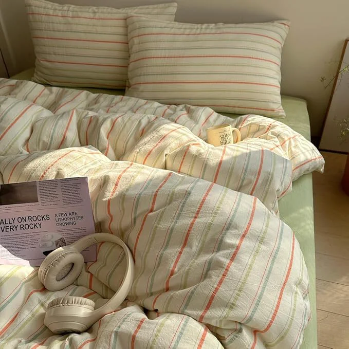 Original EAVD Retro Striped Duvet Cover Set King Size Cotton Vintage 3-Pieces Stripes Bedding Set with 2 Pillowcases Farmhouse Geometric Comforter Cover with Zipper Closure Orange amp Blue amp Green King Excellent