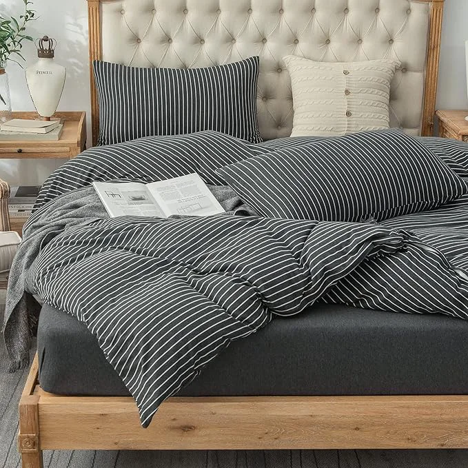 Natural PURE ERA Jersey Knit Duvet Cover Set T-Shirt Heather Cotton Super Soft Comfy Classic Striped Design with Zipper Closure Heather Black amp White Pinstripe Queen Sophisticated