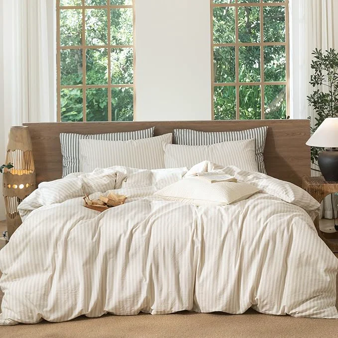 Sustainable MooMee Striped Duvet Cover Set Washed Cotton Linen Like Textured Breathable Durable Soft Comfy Almond Milk Grey Classic Stripes Palatial King Oversized King 120 quot x98 quot Efficient