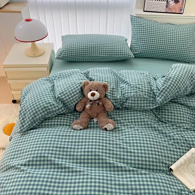 Healthy mixinni Dark Green Gingham Comforter Set Queen Plaid Comforter Set 3 Pieces 1 Teal Grid Comfoter with 2 Pillow Cases for All Seasons Soft Fluffy Modern Grid Pattern Printed Bedding-Queen Size Excellent