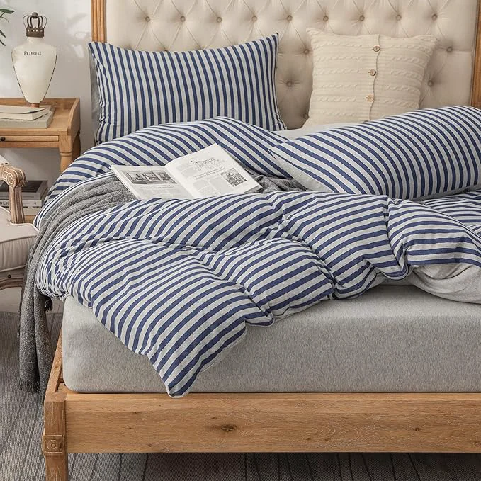 Long-Lasting PURE ERA Jersey Knit Duvet Cover Set T-Shirt Heather Cotton Super Soft Comfy Classic Striped Design with Zipper Closure Heather Grey Blue Stripe King Healthy