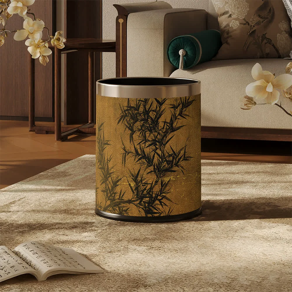 High-Quality Ownkoti Oriental Zen Bamboo Print Leather Trash Can Original Design
