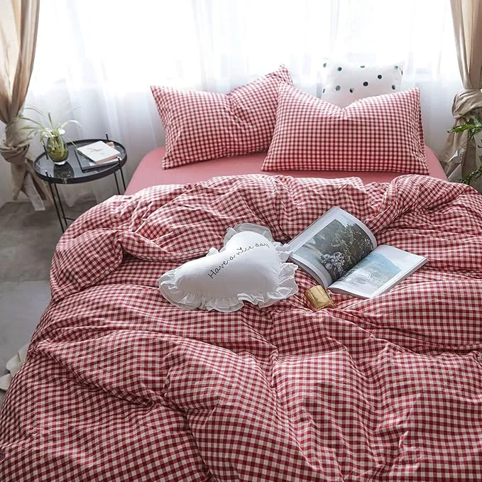 Recyclable mixinni Red Gingham Comforter Set Queen Plaid Comforter Set 3 Pieces 1 Red Grid Comfoter with 2 Pillow Cases for All Seasons Soft Fluffy Modern Grid Pattern Printed Bedding-Queen Size Traditional