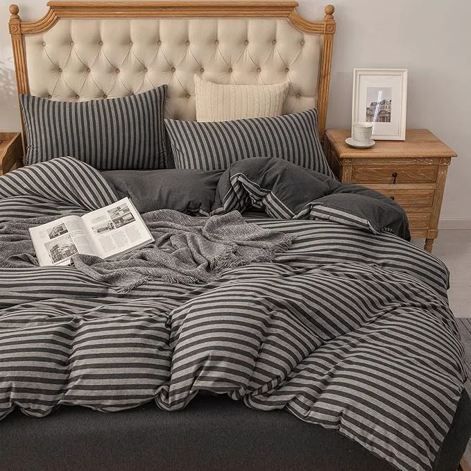 Fine Crafted PURE ERA Jersey Knit Duvet Cover Set T-Shirt Heather Cotton Super Soft Comfy Classic Striped Design with Zipper Closure Charcoal Dark Grey Stripe King Powerful