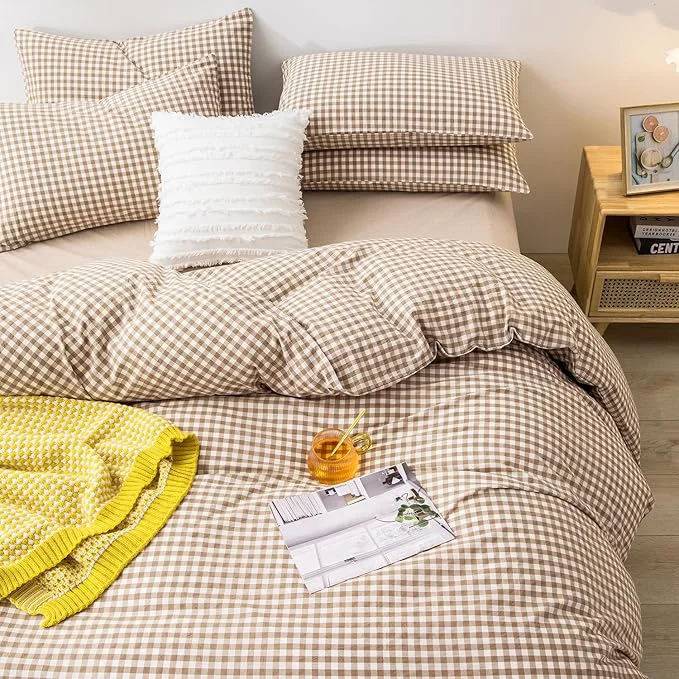 Convenient mixinni Tan Gingham Comforter Set Full Plaid Comforter Set 3 Pieces 1 Beige Grid Comfoter with 2 Pillow Cases for All Seasons Soft Fluffy Modern Grid Pattern Printed Bedding-Full Size