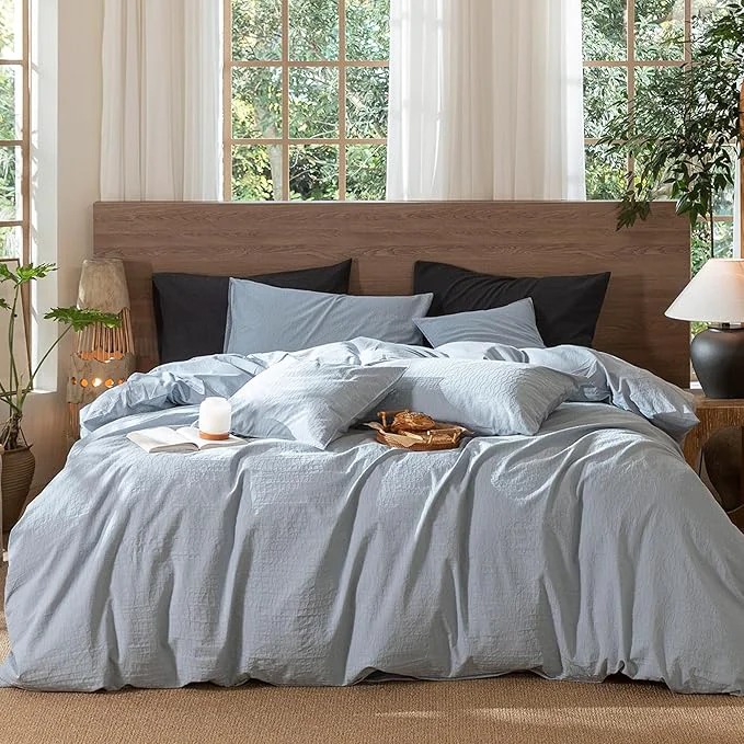 Premium Material MooMee Wavy Striped Duvet Cover Set Washed Cotton Linen Like Textured Breathable Durable Soft Comfy Cornflower Blue Full 80 quot x90 quot Next-Generation