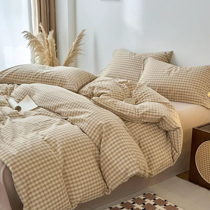 Stylish EAVD Vintage Style Brown amp Beige Plaid Duvet Cover King Soft Washed Cotton Chic Checkered Gingham Bedding Set with 2 Pillowcases Farmhouse Brown Gingham Duvet Cover with Zipper Closure User-Friendly