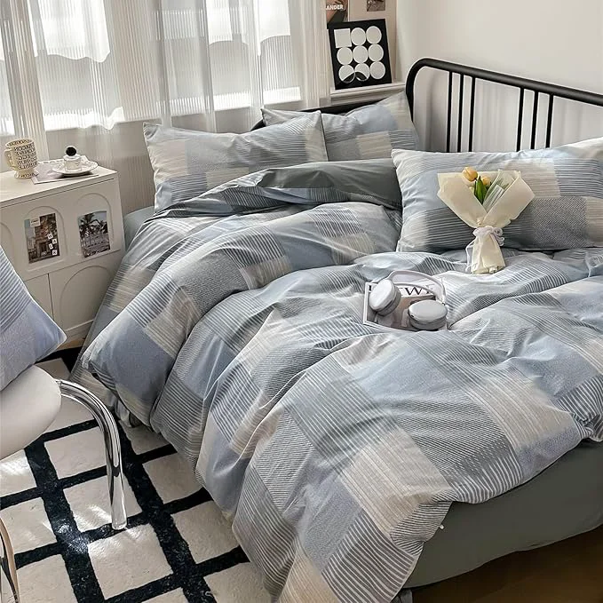 Traditional mixinni King Comforter Set Soft Aesthetic Blue Geometric Checkered Plaid Printed Bedding Comforter for Men Boys 1 Soft Microfiber Reversible Comforter with 2 Pillowcases for All Seasons Crafted