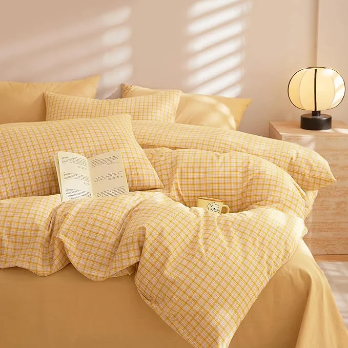 Effective EAVD Yellow Gingham Duvet Cover Full Size Washed Cotton Bedding Set 3 Pieces Grid Plaid Duvet Cover Set Modern Grid Checkered Bedding Set with 2 Pillowcases Farmhouse Gingham Comforter Cover Healthy