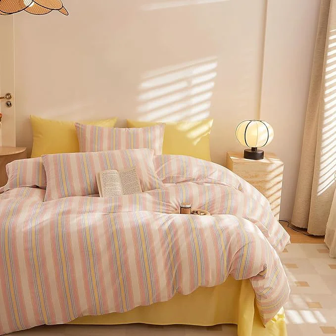 Carefully Designed EAVD Stripes Duvet Cover Set Queen Washed Cotton Colorful Striped Bedding Duvet Cover Set with Streak Pillowcases-Farmhouse Modern Style Ultra Soft Breathable Zipper Closure Corner Ties