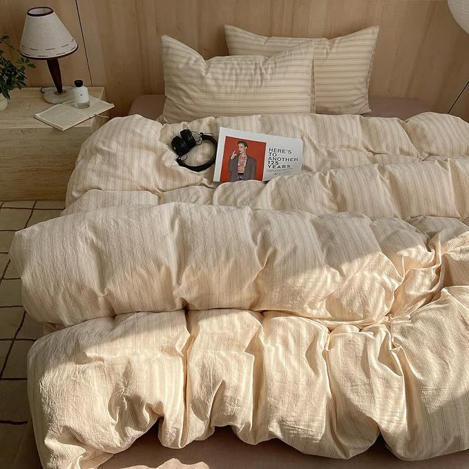 mixinni Striped Comforter Set King Size - Beige Comforter with Black White Stripes Pattern 3 Pieces All Seasons Bedding Set Soft Breathable Vintage Farmhouse Comforter with Pillowcases Stylish