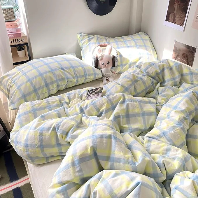 Stylish EAVD Buffalo Plaid Duvet Cover King Soft Washed Cotton Bedding Set Yellow Blue Grid Checkered Bedding Set with 2 Pillowcases Vintage Style Gingham Duvet Cover with Zipper Closure Lightweight