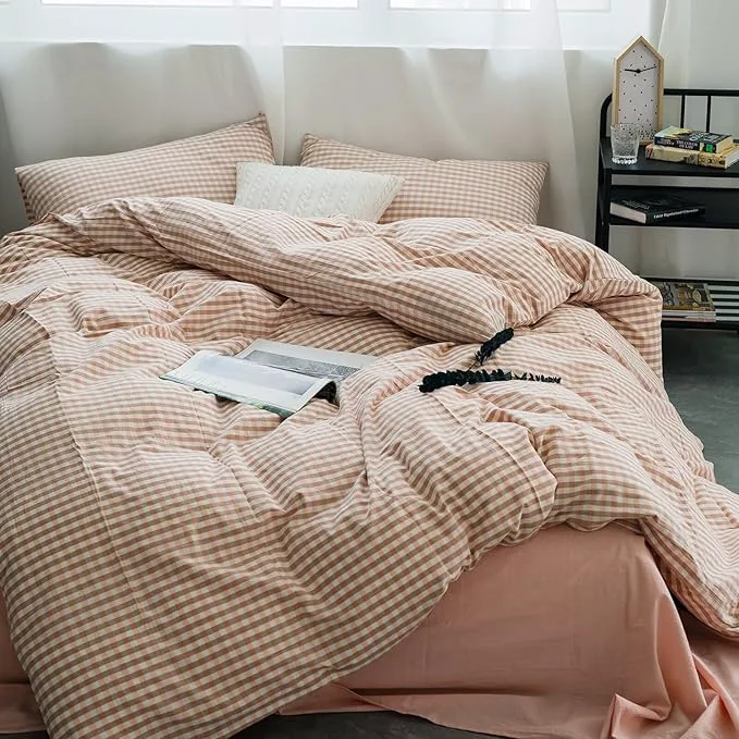 Enhanced mixinni Pink Gingham Comforter Set King Plaid Comforter Set 3 Pieces 1 Pink Grid Comfoter with 2 Pillow Cases for All Seasons Soft Fluffy Modern Grid Pattern Printed Bedding-King Size Specialty