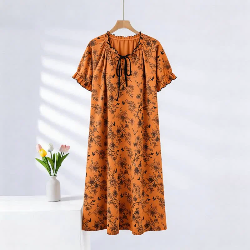 Premium Material Ownkoti Botanical Butterfly Ruffle Neck Cotton Nightgown Responsible