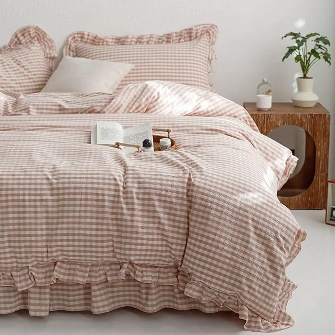 Modern mixinni Vintage Pink Gingham Ruffle Comforter Set 3-Piece Washed Cotton Twin XL Size Grid Bedding Set with Geometric Checkered Pattern Farmhouse Chic Soft Fluffy Comforter for All-Season