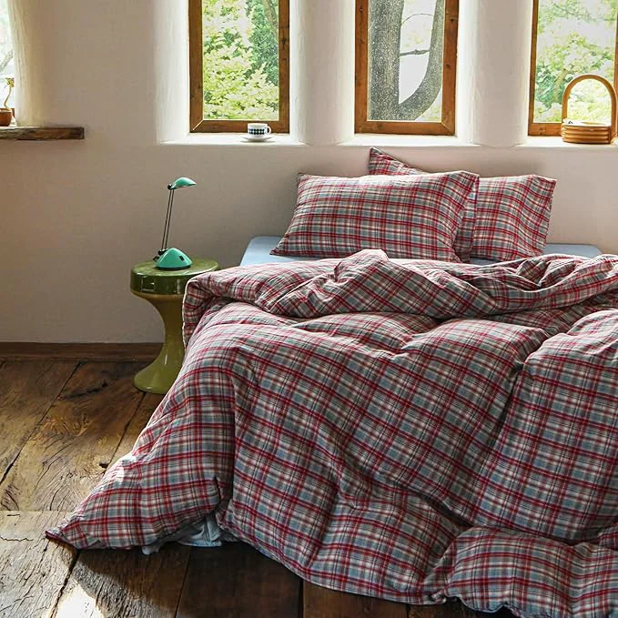 Artisan EAVD Vintage Style Red amp Blue Gingham Duvet Cover King Soft Cotton Muslin Yarn-Dyed Textured Retro Grid Plaid Bedding Set Reversible British-Style Gingham Bedding Set with Zipper Closure Contemporary