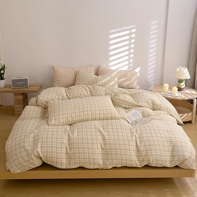 Advanced EAVD Vintage Style Brown amp Green Grid Plaid Duvet Cover Queen Soft Washed Cotton Chic Checkered Gingham Bedding Set with 2 Pillowcases Farmhouse Gingham Duvet Cover with Zipper Closure Effective