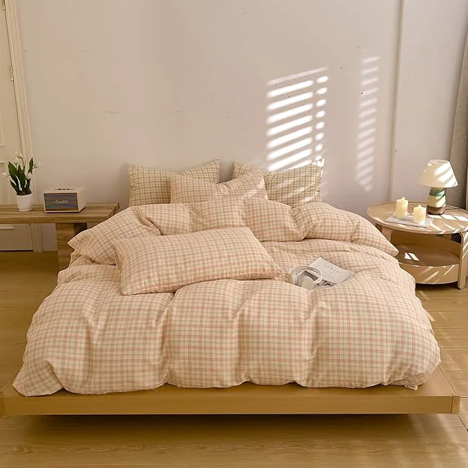 Unique EAVD Vintage Pink amp Green Gingham Plaid Duvet Cover King Soft Muslin Cotton Retro Grid Checkered Bedding Set with 2 Pillowcases Farmhouse Grid Geometric Duvet Cover with Zipper Closure Verified