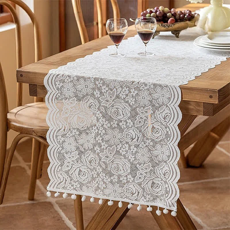 Fashionable Ownkoti Rose Jacquard Lace Tassel Table Runner Crafted