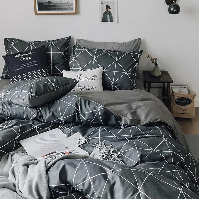 Premium Material mixinni Full Size Comforter Set Soft Geometric Grey Geometric Checkered Plaid Printed Bedding Comforter for Men Boys 1 Soft Microfiber Reversible Comforter with 2 Pillowcases for All Seasons Prestigious