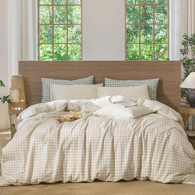 Secure MooMee Gingham Duvet Cover Set Washed Cotton Linen Like Textured Breathable Durable Soft Comfy Modern Checkered Design Almond Milk Grey Gingham Full 80 quot x90 quot Efficient