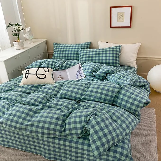 Trusted EAVD Cotton Grid Plaid Duvet Cover Queen Mini Green Blue Plaid Bedding Set with 2 Pillowcases Modern Style Checkered Geometric Duvet Cover with Zipper Closure Fast