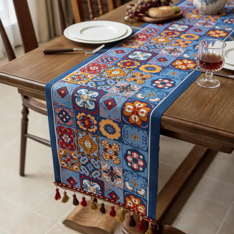 Practical Ownkoti Geometric Pattern Jacquard Tassel Table Runner Exclusive