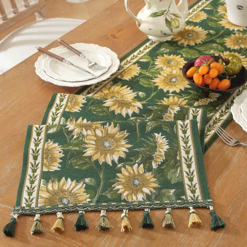 Classic Ownkoti Sunflower Jacquard Tassel Table Runner Excellent
