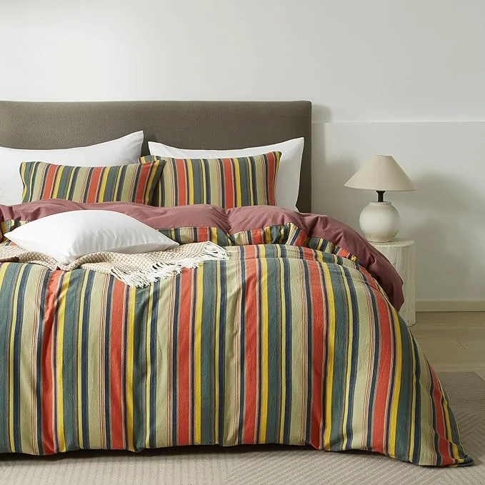 Healthy mixinni Full Size Comforter Set 3 Pieces Vintage Colorful Striped Washed Cotton Reversible Comforter with 2 Pillowcases All Season Lightweight Bedding for Women amp Men Retro Mid-Century Style Fine