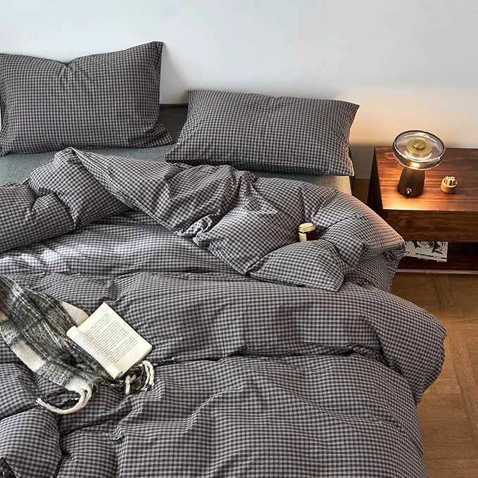 Fashionable EAVD Vintage Style Dark Grey Plaid Duvet Cover King Washed Cotton Like Linen Feel Soft Red Grid Gingham Bedding Set with 2 Pillowcases Reversible Retro Dark Grey Gingham Duvet Cover with Zipper Original Design