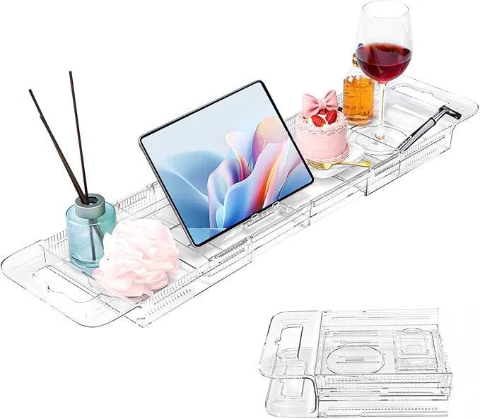 Premium Material Expandable Clear Acrylic Bathtub Tray Caddy Foldable Tub Bath Tray Unique
