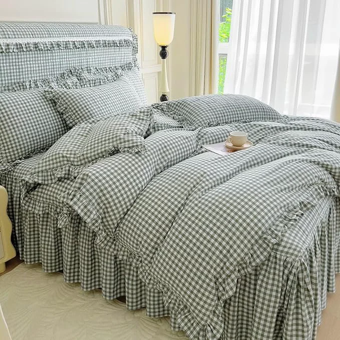 Verified mixinni Vintage Green Gingham Ruffle Comforter Set 3-Piece Washed Cotton Twin XL Size Grid Bedding Set with Geometric Checkered Pattern Farmhouse Chic Soft Fluffy Comforter for All-Season Top-Quality