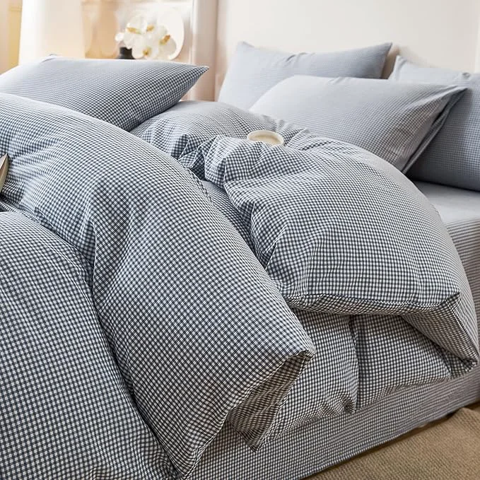 Durable EAVD Modern Style Gingham Duvet Cover King Soft Washed Cotton Blue and White Plaid Duvet Cover Set with 2 Pillowcases Reversible Farmhouse Geometric Checkered Bedding Set with Zipper Original