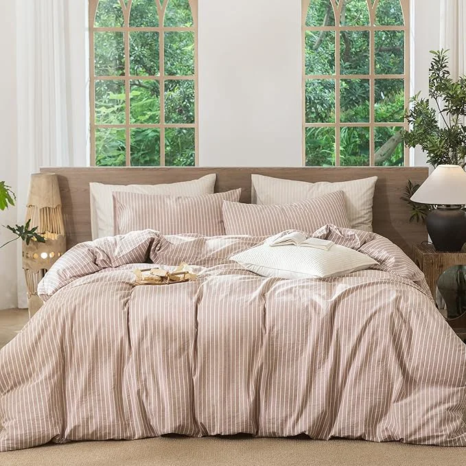 Comfortable MooMee Striped Duvet Cover Set Washed Cotton Linen Like Textured Breathable Durable Soft Comfy Orange White Wide Stripes Super King 108 quot x98 quot