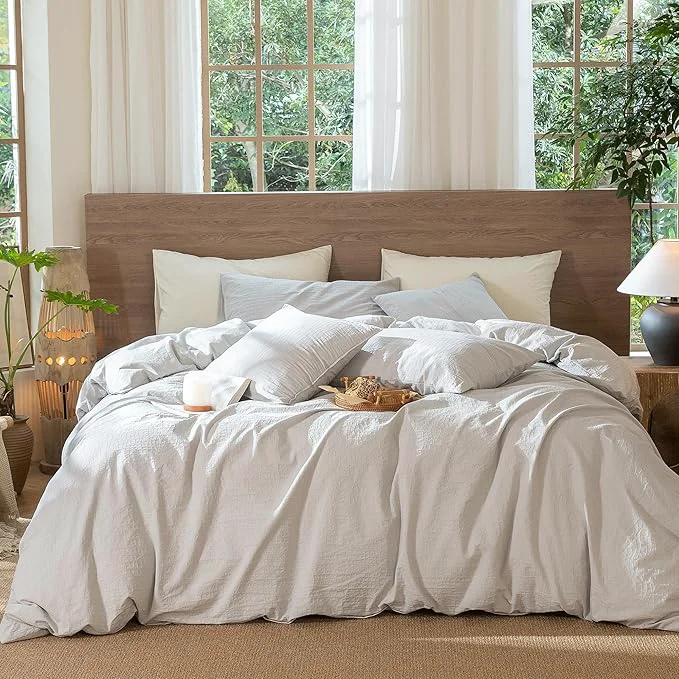 High-Performance MooMee Wavy Striped Duvet Cover Set Washed Cotton Linen Like Textured Breathable Durable Soft Comfy Light Grey King 104 quot x90 quot Trendy