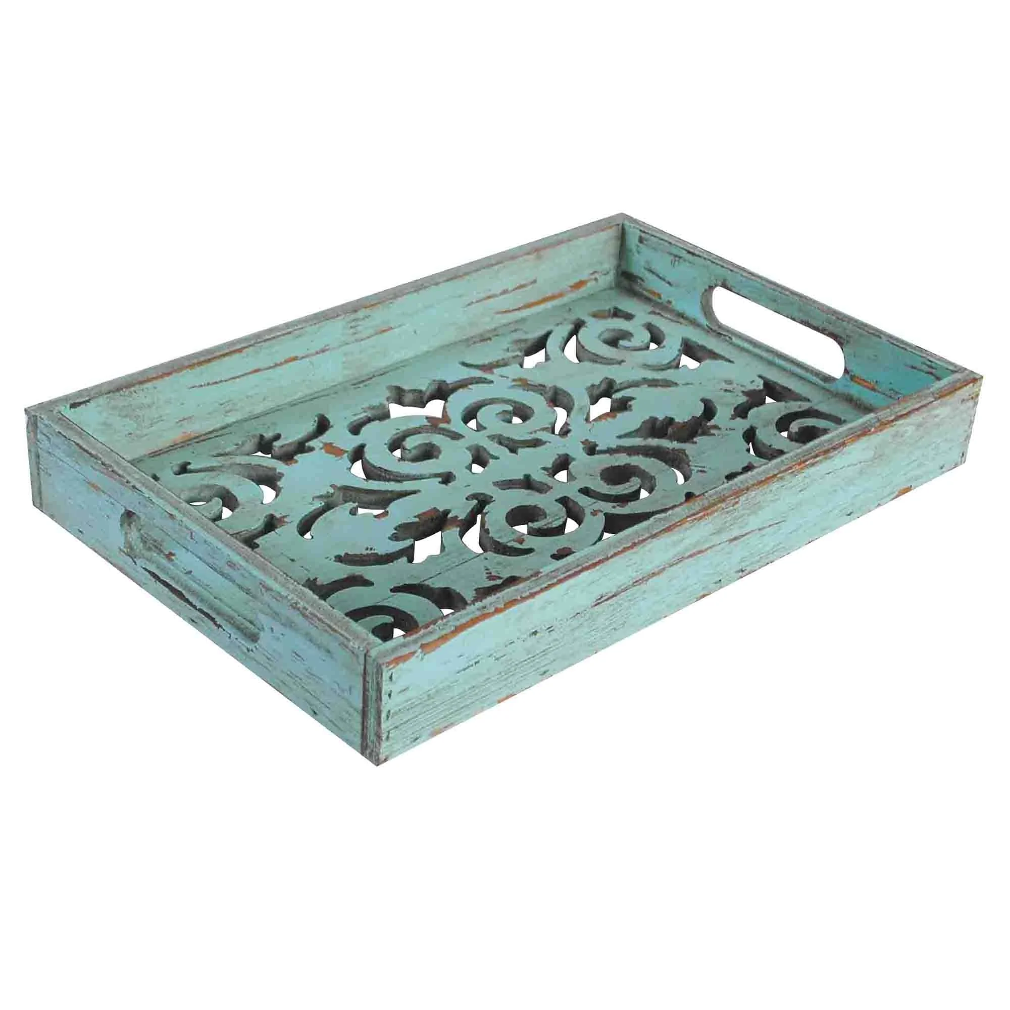 Soft Wooden Decorative Scroll Carved Turquoise Tray Proven