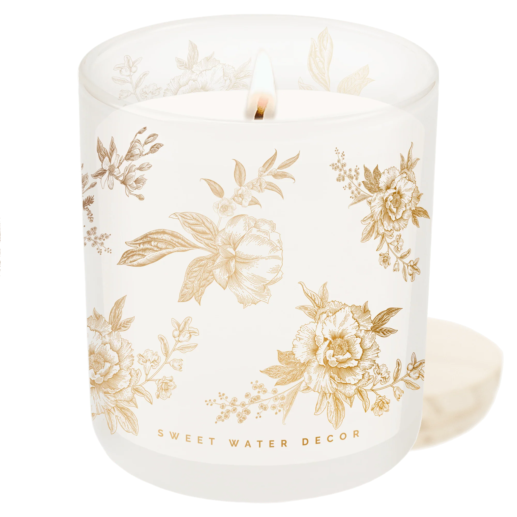 Enhanced Gold Floral Soy Candle - White Translucent Tinted Glass Jar - 12 oz Fresh Apple Blossom Verified