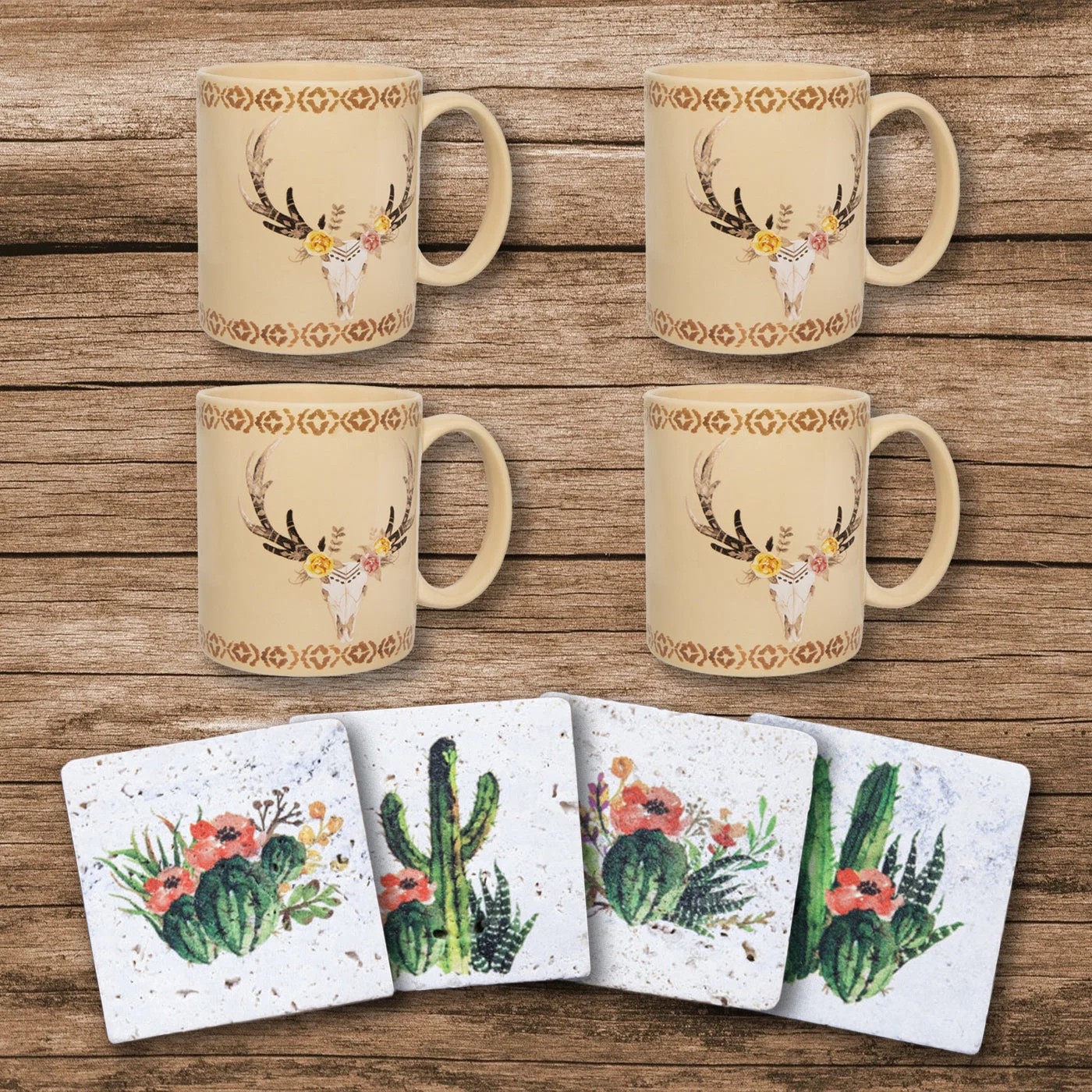Next-Generation Desert Skull Bohemian Mug amp Cactus Blooms Coaster Set 8 Pc Environmentally Friendly
