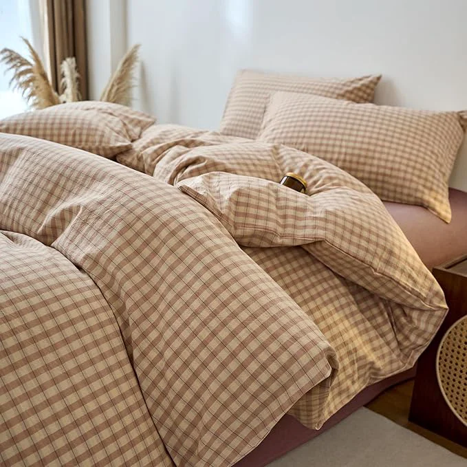 User-Friendly EAVD Vintage Style Pink amp Tan Plaid Duvet Cover Queen Soft Washed Cotton Chic Checkered Gingham Bedding Set with 2 Pillowcases Farmhouse Gingham Duvet Cover with Zipper Closure Verified