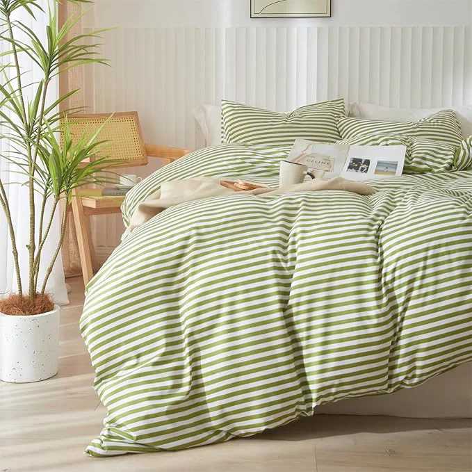 Fine Crafted mixinni Striped Comforter Set Full Size - Green White Stripes Pattern Bed Set for All Season 3 Pieces Lightweight Bedding Sets for All Seasons 1 Soft Fluffy Comforter 2 Pillowcases Top-Quality