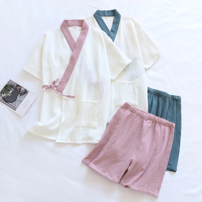 Enhanced Ownkoti Japanese-Style Cotton Gauze Short Sleeve Pajama Set Contemporary