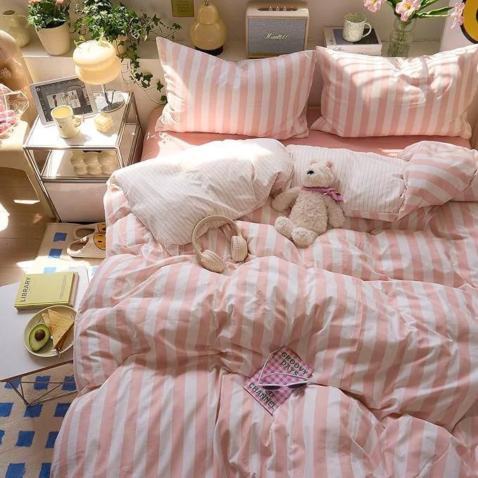 Advanced EAVD Pink Striped Duvet Cover Twin XL Soft Washed Microfiber Pink White Vertical Striped Bedding Set with 2 Pillowcases Modern Farmhouse Geometric Pattern Duvet Cover with Zipper Closure Pure