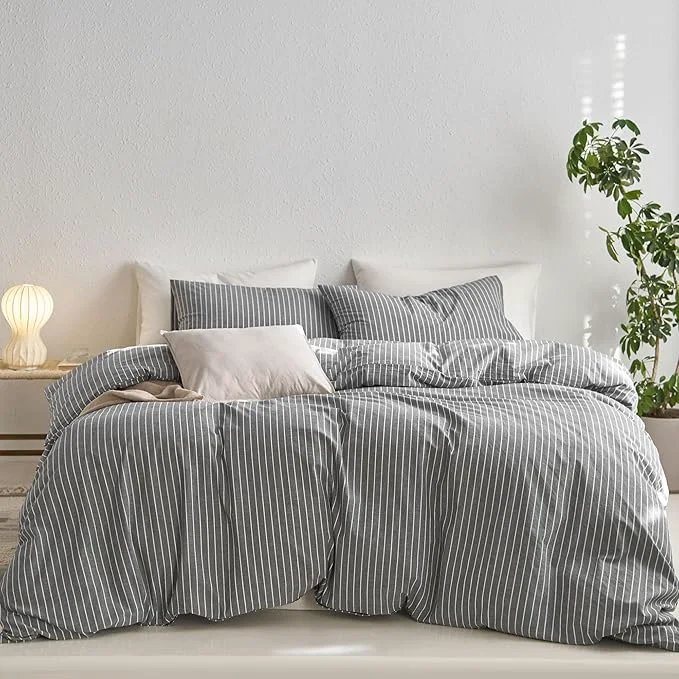 Trendy MooMee Striped Duvet Cover Set Washed Cotton Linen Like Textured Breathable Durable Soft Comfy Dark Grey White Wide Stripes Alaska King 132 quot x120 quot Next-Generation