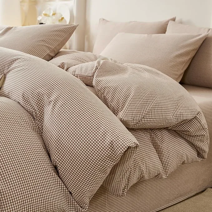 Environmentally Friendly EAVD Tan Plaid Gingham Duvet Cover Full Soft Washed Cotton Reversible Tan and White Plaid Duvet Cover with 2 Pillowcases Farmhouse Ginggham Bedding Set with Zipper Closure Solid