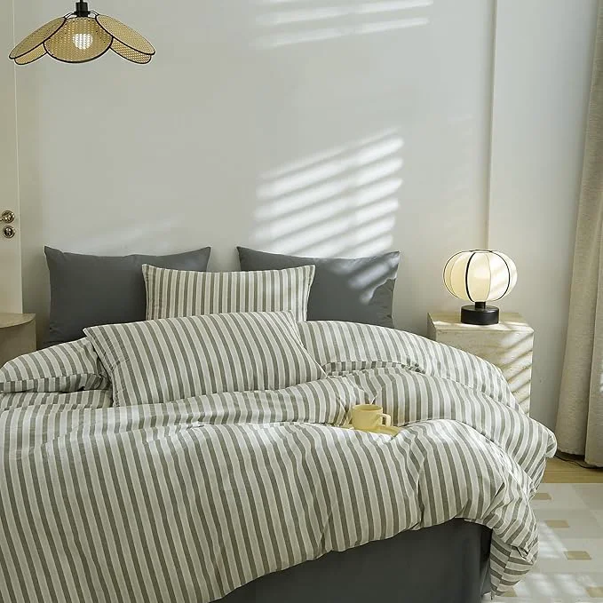 Next-Generation EAVD Grey Striped Duvet Cover King Soft Washed Cotton White Grey Striped Bedding Set with 2 Pillowcases Modern Farmhouse Geometric Duvet Cover with Zipper Closure Specialty